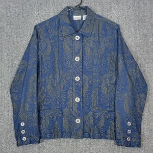 Chicos Jacket 2 Womens Large Blue Floral Jacquard Tapestry Button-Up Blazer